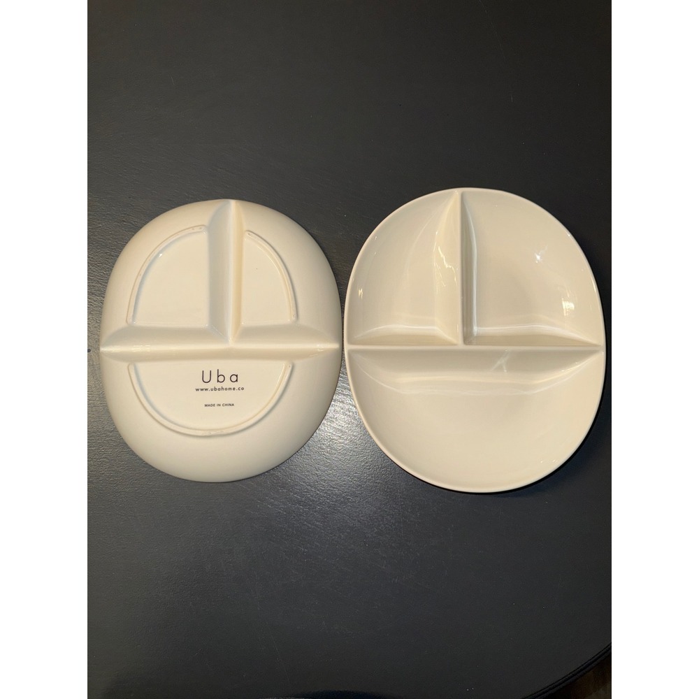Uba Home Portion Control Plates Set-2 Cream Ceramic Divided Dinnerware Minimal